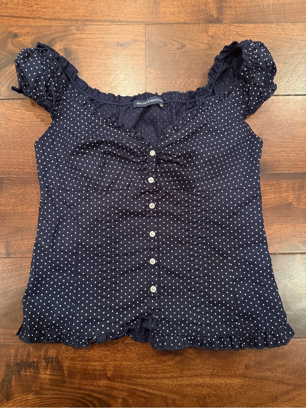 Brandy Melville Elena Top Navy/White Polka Dot Button-Up Ruffle - Picture 2 of 3